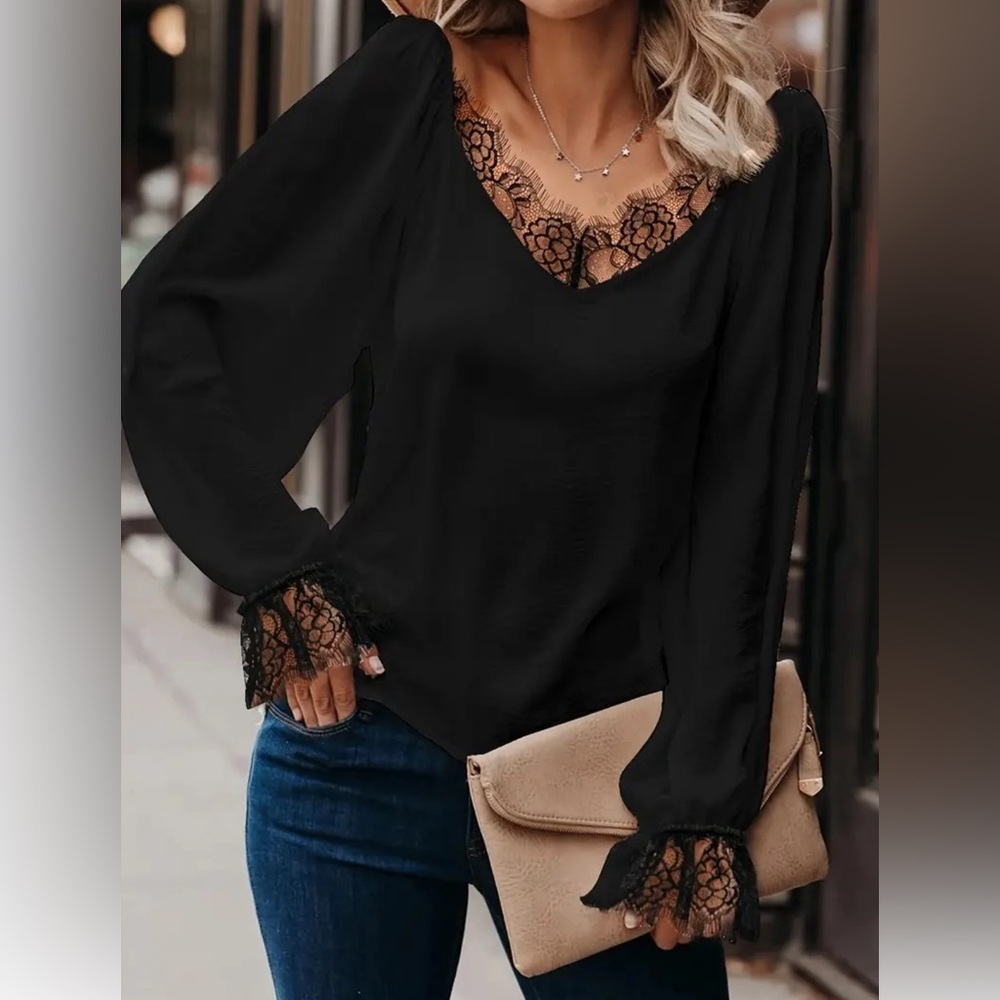 Women blouse top lace black size L